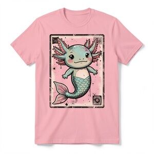 Gildan Pink Tee with Teal and Pink Axolotl-Mermaid Graphic